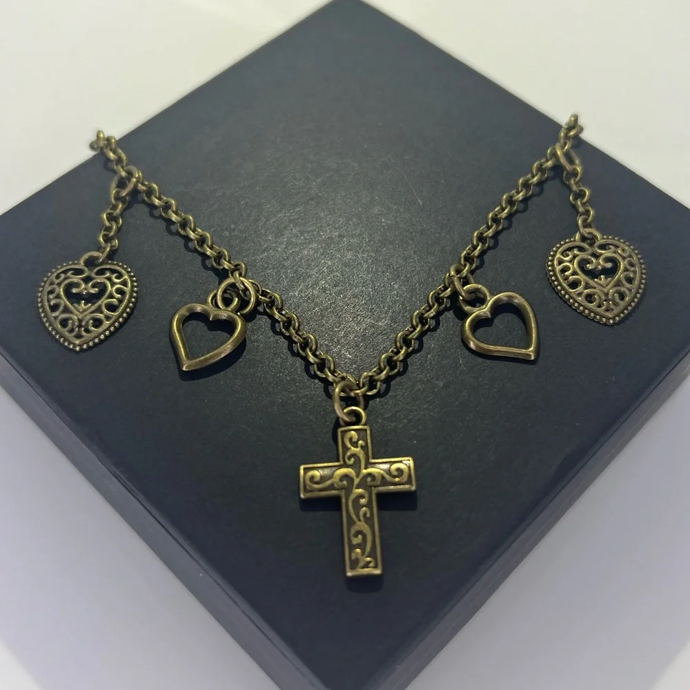 Antique Bronze Heart Cross Charm Necklace - Picture 1 of 3